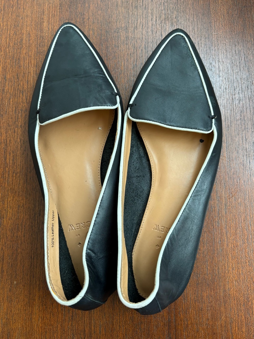 J. Crew black pointed toe flats with white trim, size 9